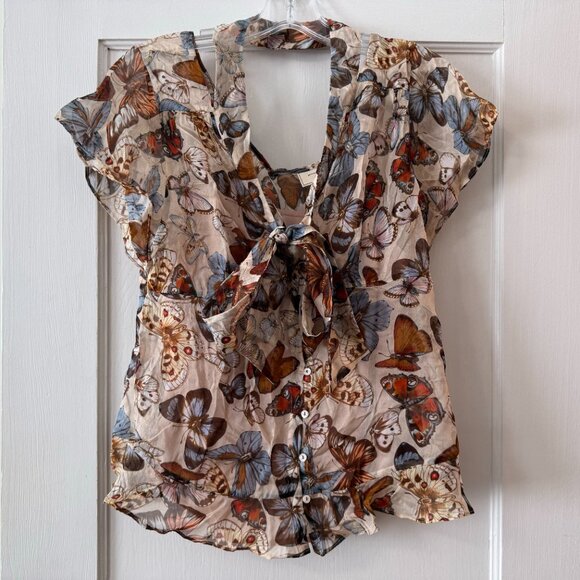 Anthoropologie | Butterfly-Print Tied Silk Top - Picture 2 of 11